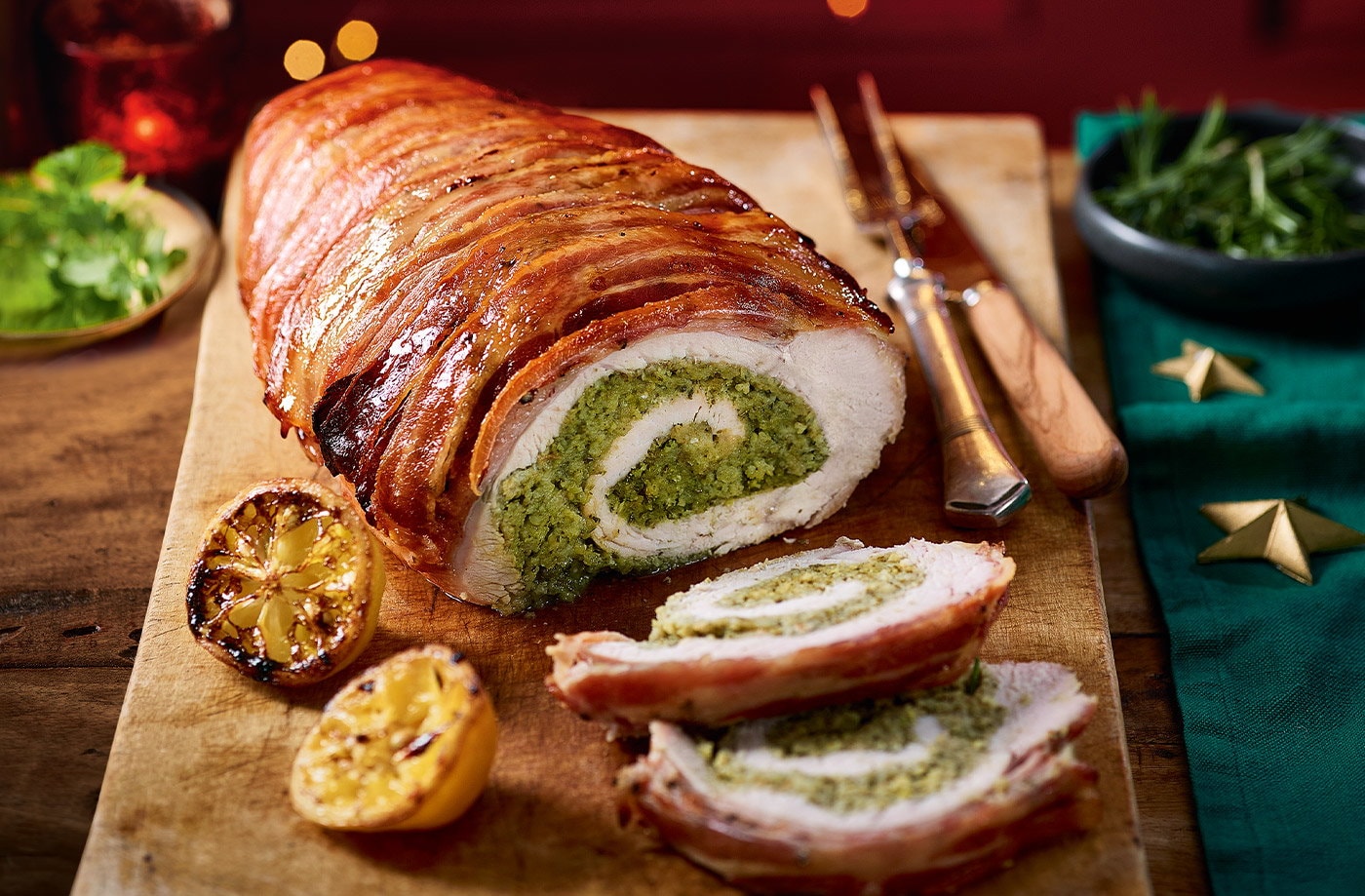 Turkey porchetta with sprout and chestnut pesto