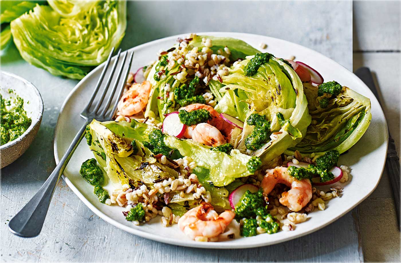 Griddled iceberg lettuce and prawn salad