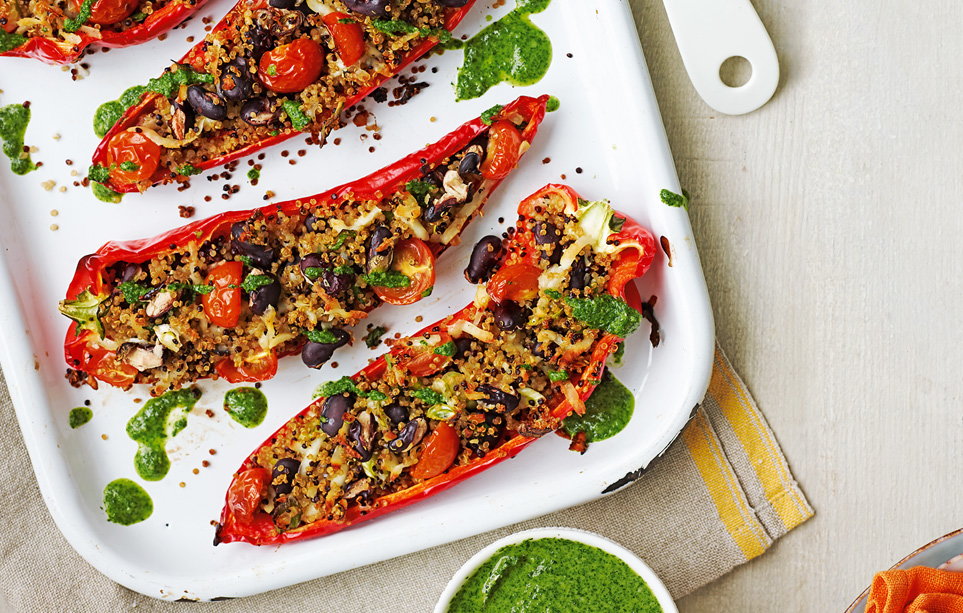 Quinoa and halloumi stuffed ramiro peppers with salsa verde