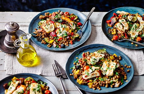 Image of "Halloumi and vegetable lentil traybake "