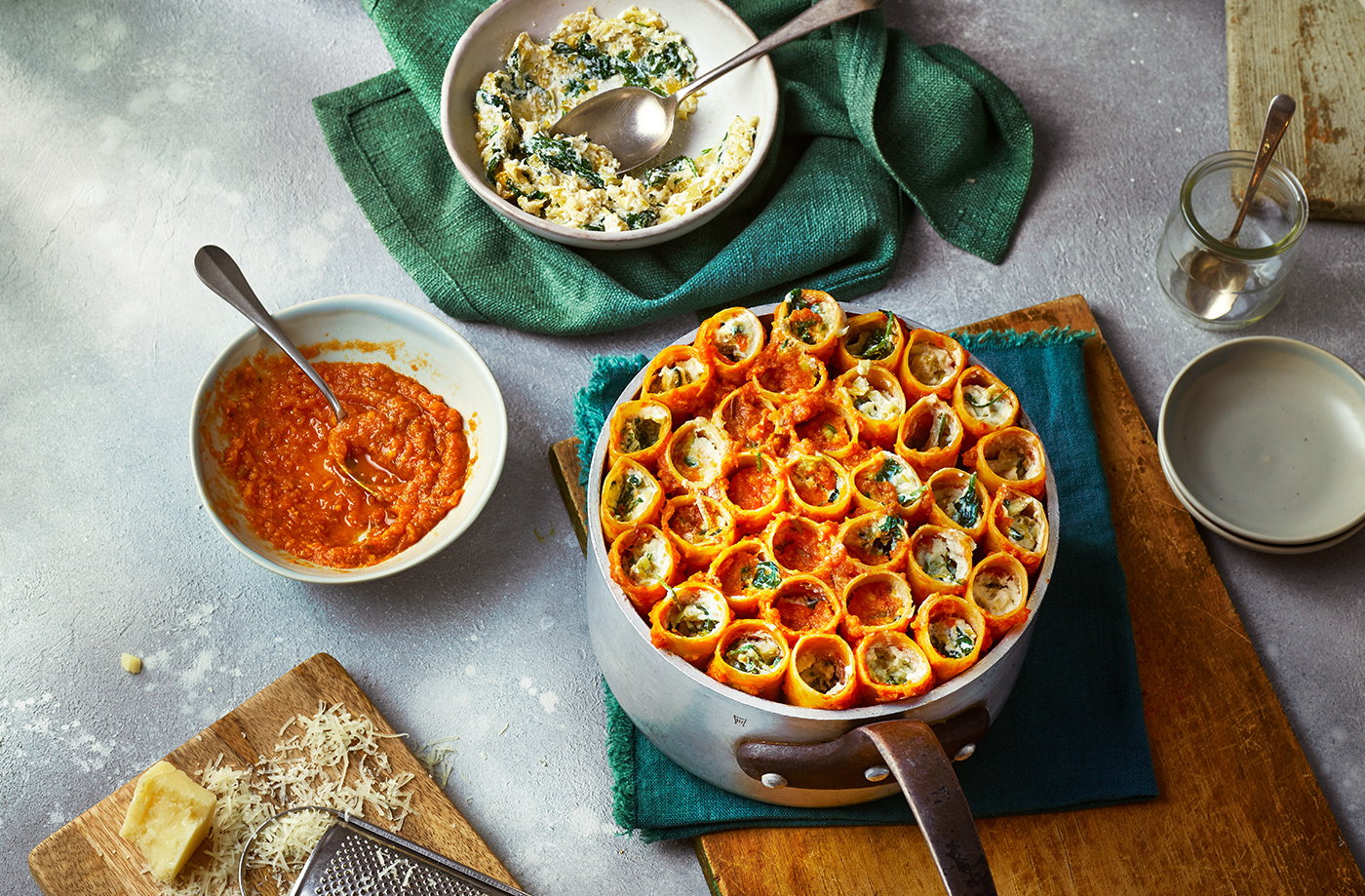 Honeycomb pasta with melted leeks and butternut squash sauce