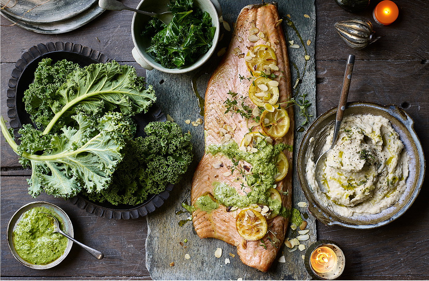 Kale and almond pesto with white bean mash