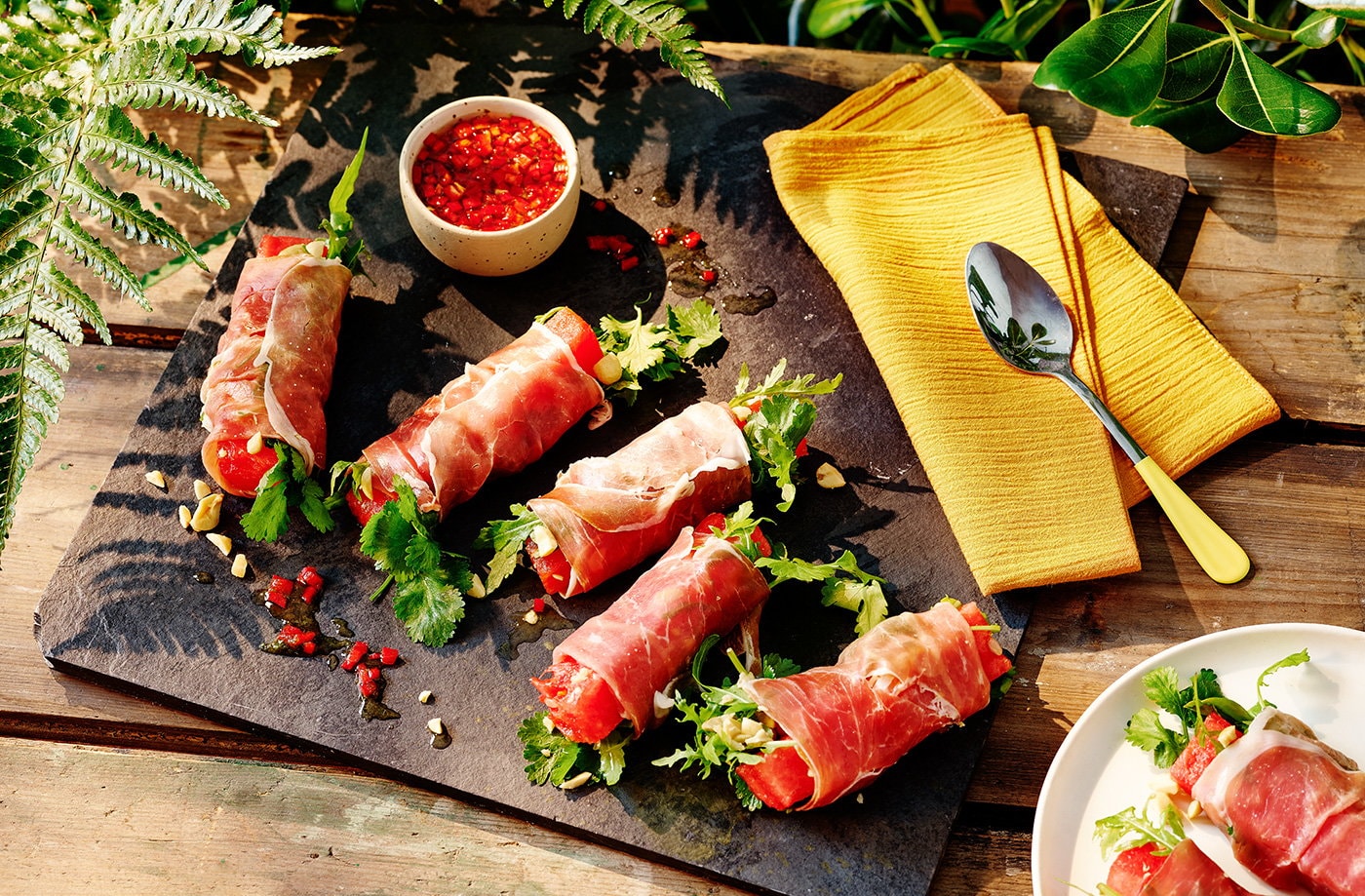 Parma ham, watermelon and peanut summer rolls