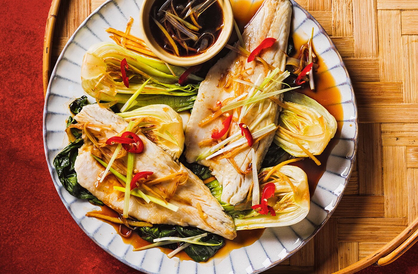 Crispy ginger and spring onion sea bass