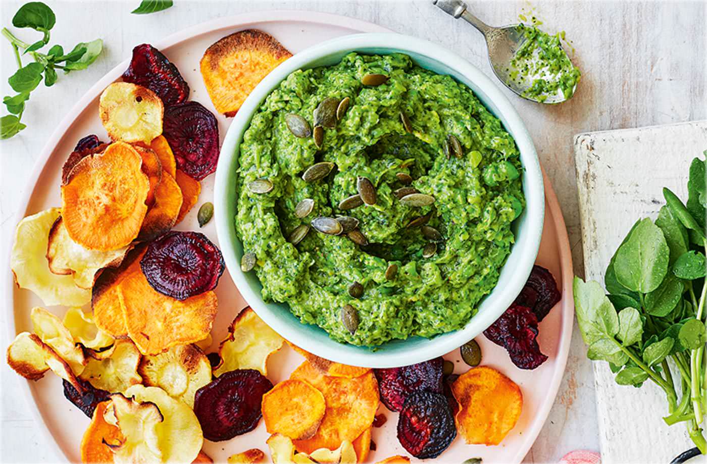 Watercress guacamole with homemade vegetable crisps