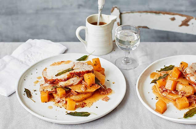Pot-roasted pork loin with pancetta, swede and celeriac