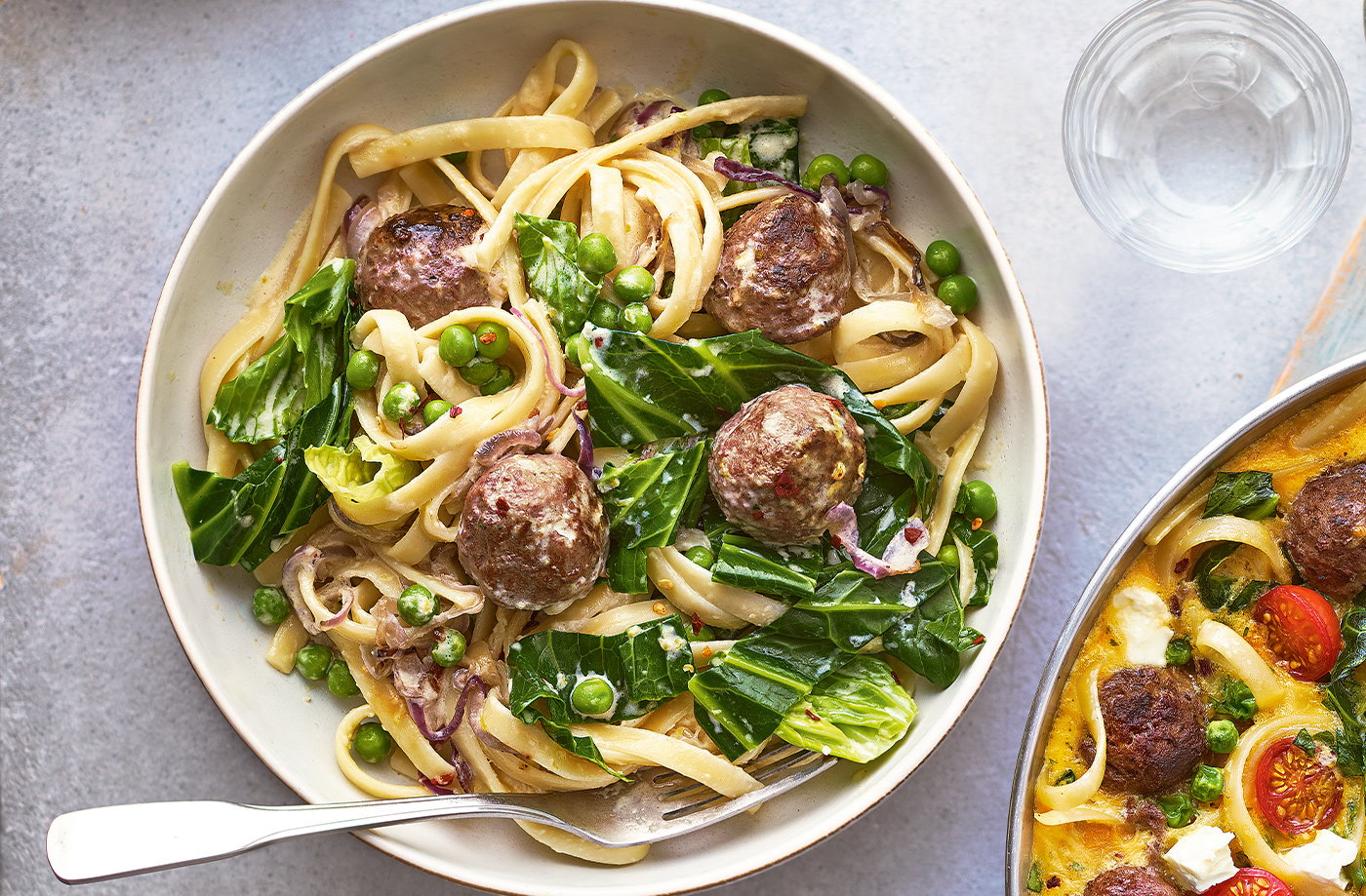 Creamy meatball and greens pasta