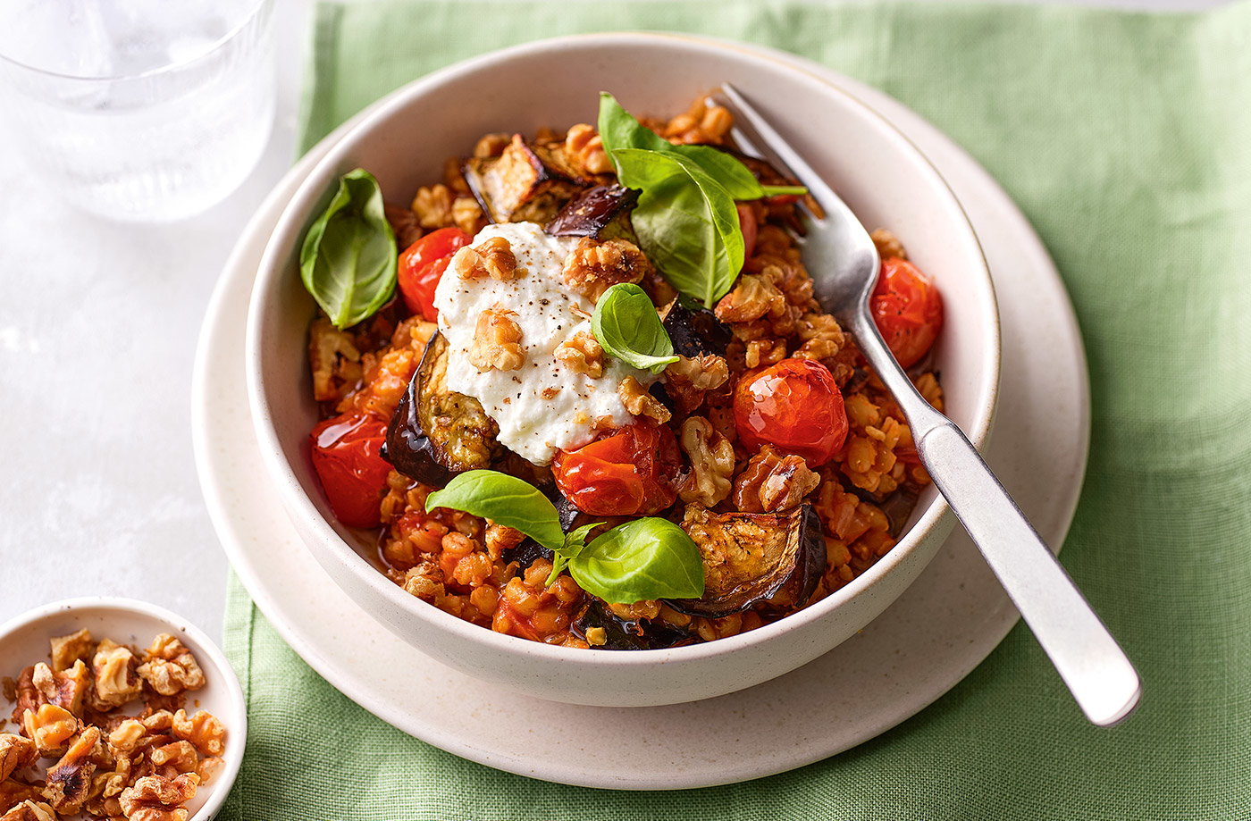 Smoky aubergine pearl barley risotto