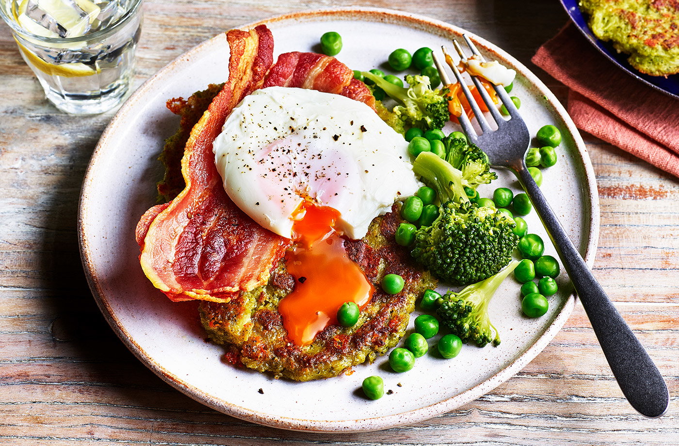 Broccoli and pea fritters with bacon and eggs