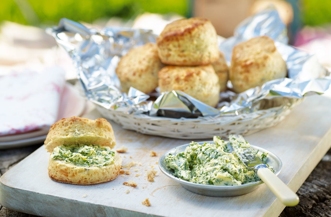 Three-cheese scones with herb butter