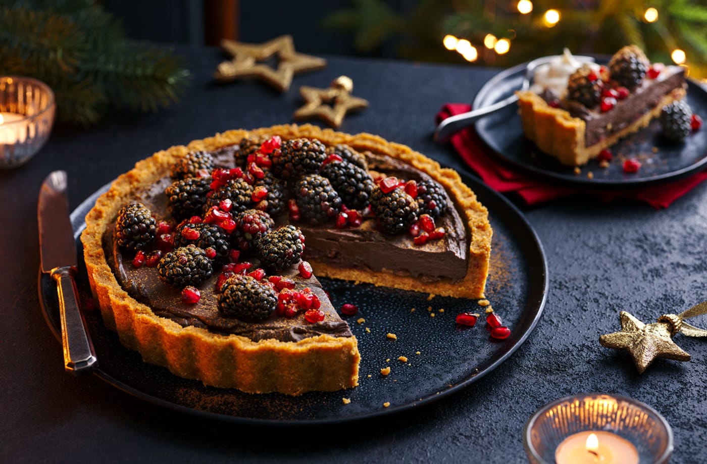 Spiced flourless chocolate fruit torte