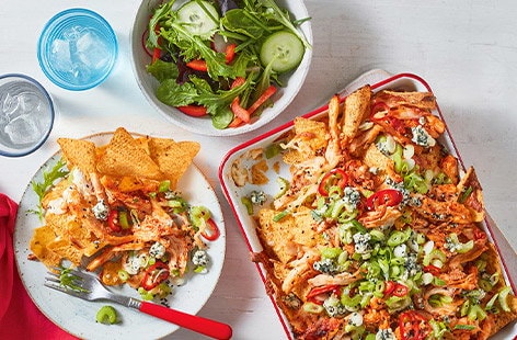 Image of "Buffalo-inspired chicken nachos"