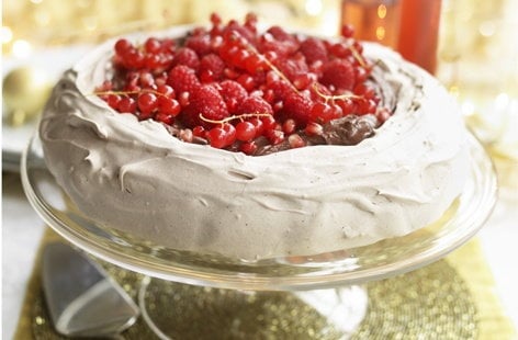 Image of "Dairy-free chocolate, raspberry and pomegranate Pavlova "