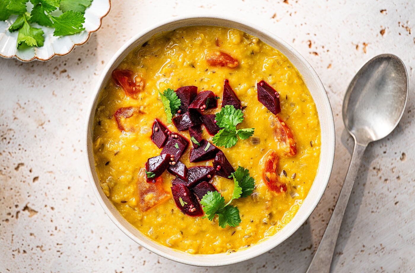Red lentil dhal with beetroot