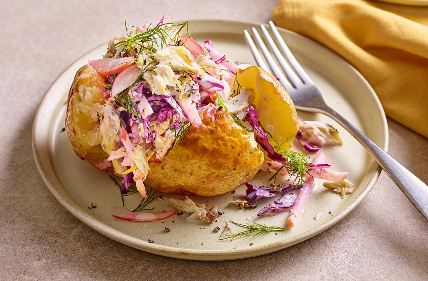 Jacket potatoes with mackerel and apple slaw