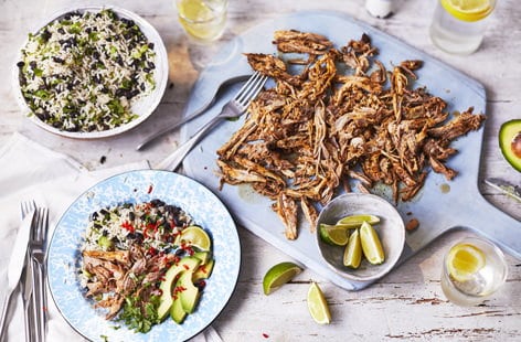 Image of "Pulled jerk pork with rice and avocado "