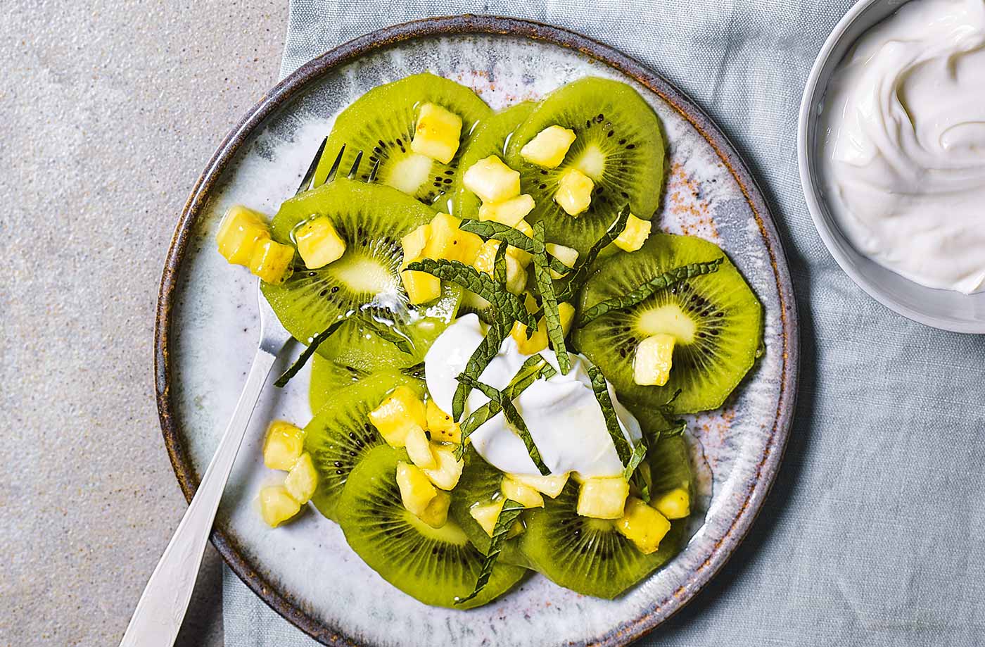 Kiwi, banana and lime fruit salad