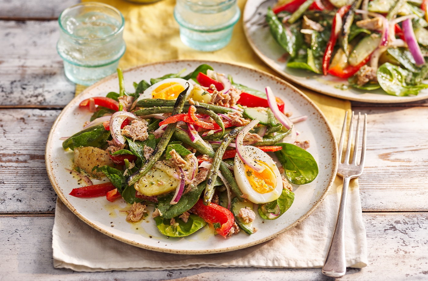 Charred greens and tuna Niçoise