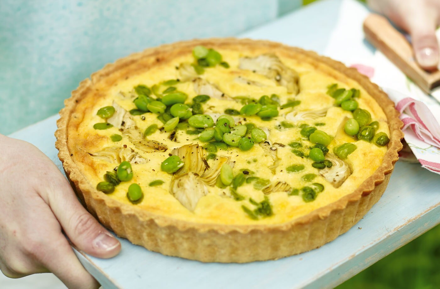 Broad bean, artichoke and Parmesan tart