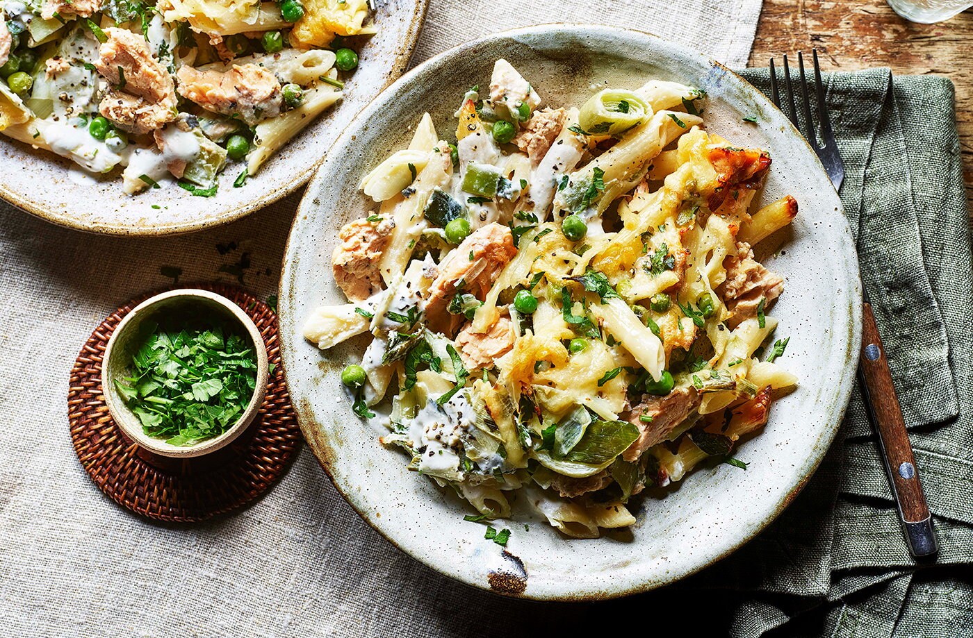 Salmon and leek pasta bake