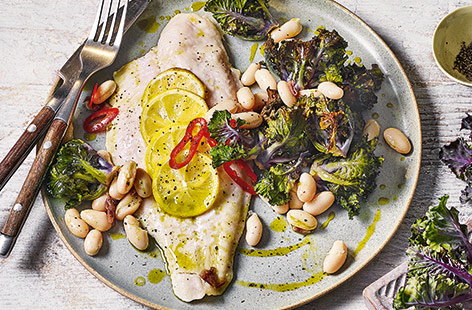 Image of "Roasted kalettes with basa fillets and anchovies"
