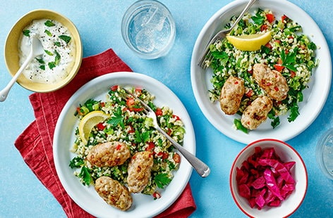 Image of "Chicken kofte tabbouleh with minty yoghurt sauce"