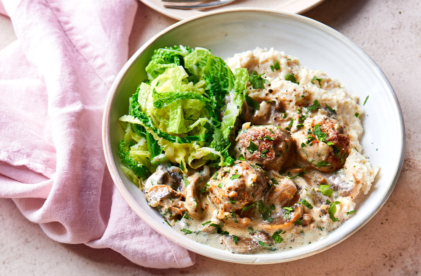 Creamy meatballs with butter bean mash
