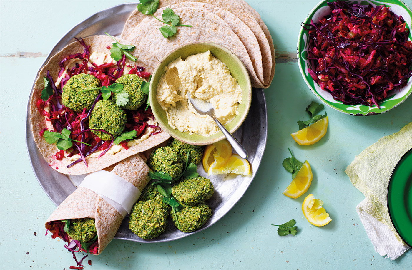 Falafel wraps with beetroot and apple slaw