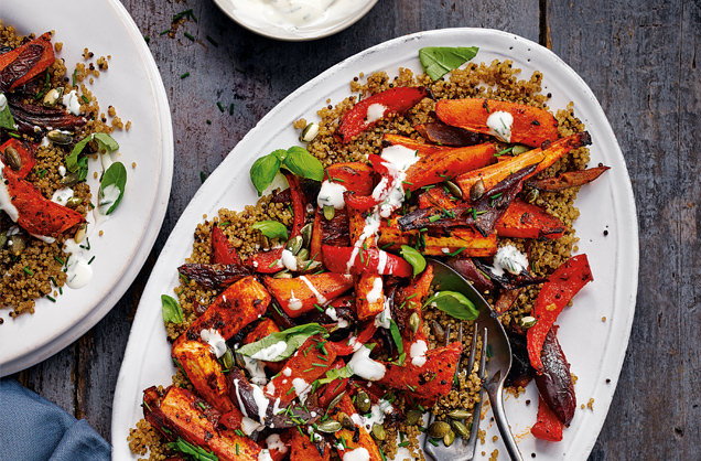 Harissa-roasted root veg with herby yogurt