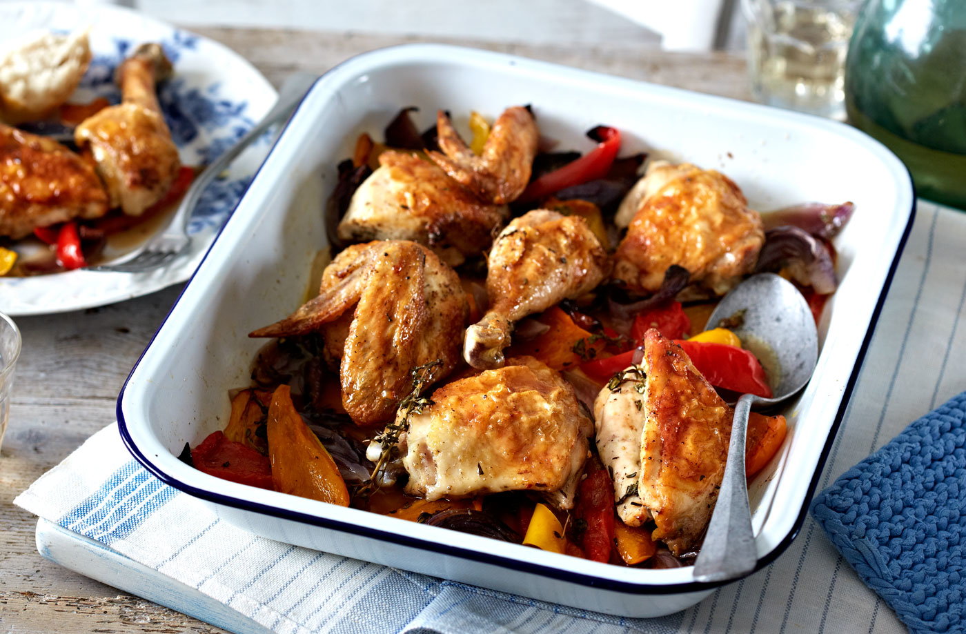 One-pan jointed chicken with red onion and sweet peppers