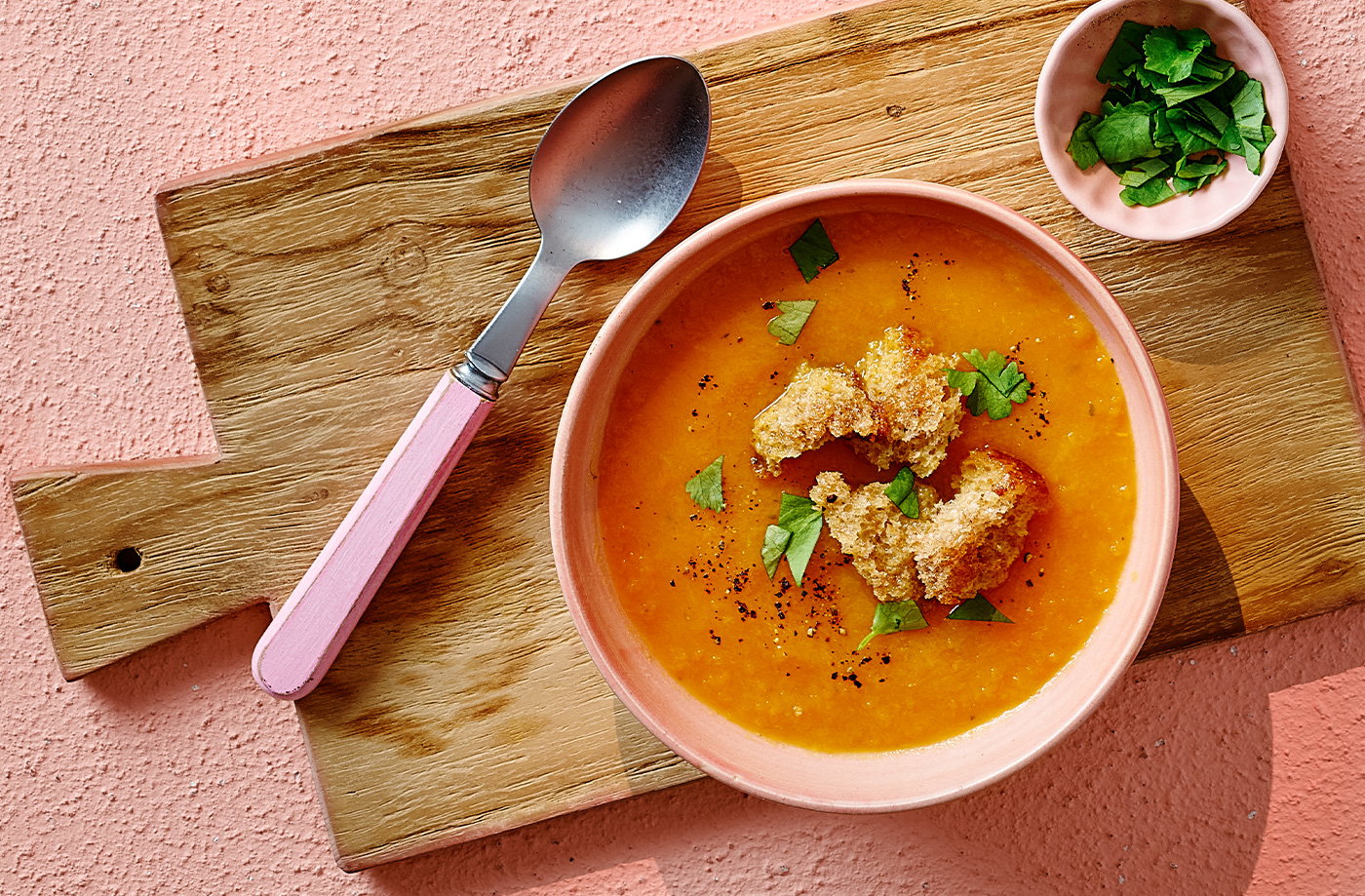 Carrot and coriander soup with wholemeal bun croutons