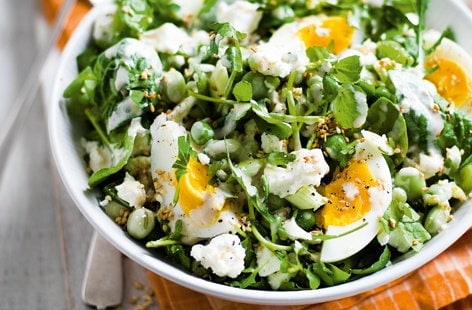 Image of "Feta, broad bean and egg salad with tahini dressing "