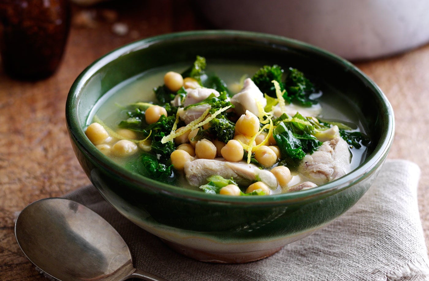 Chickpea, kale and lemon chicken soup