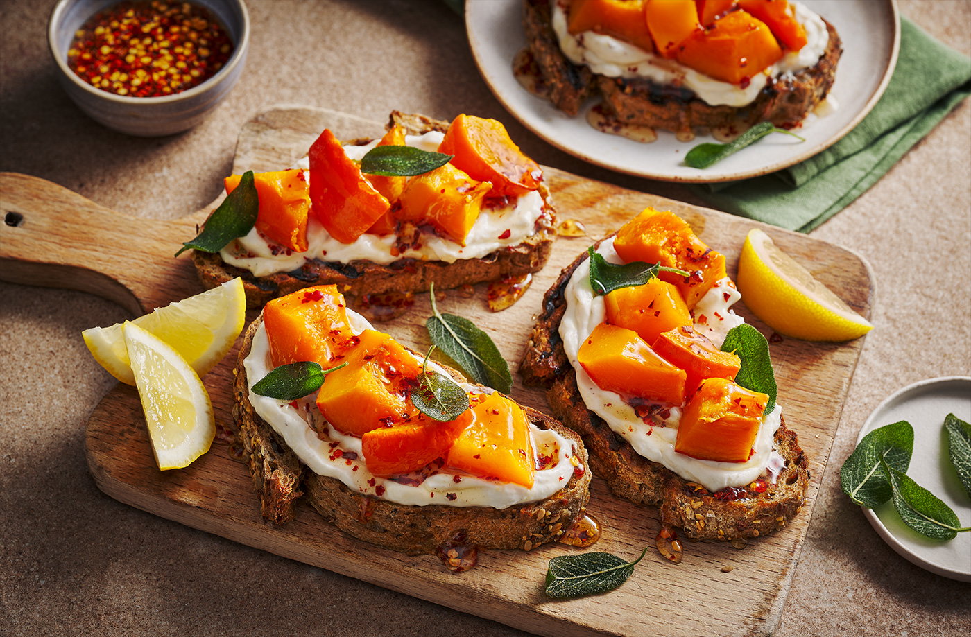 Pumpkin and ricotta toasts with hot honey