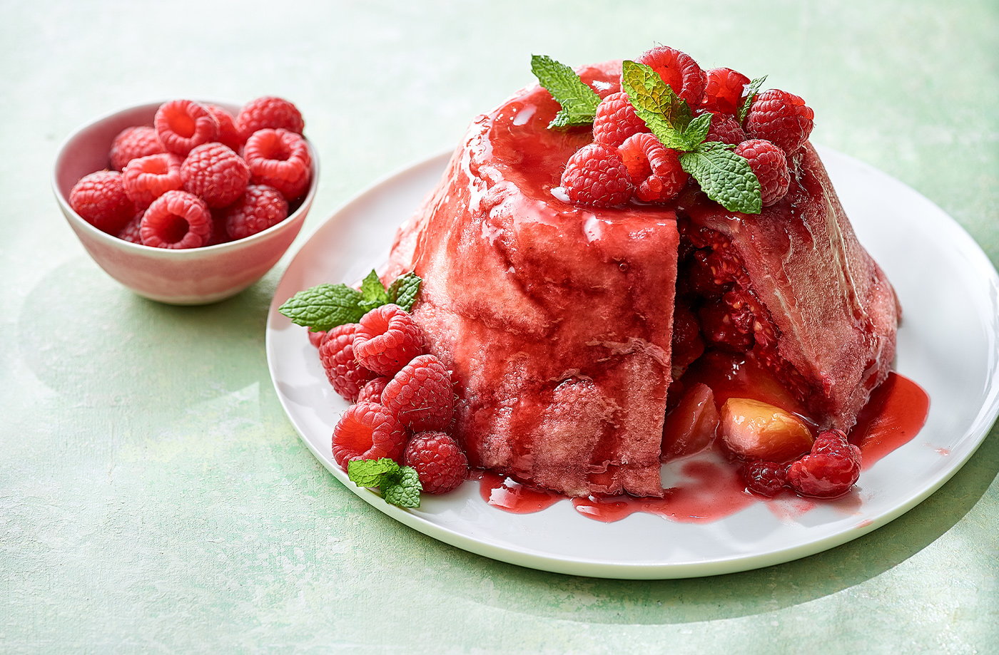 Peach melba summer pudding
