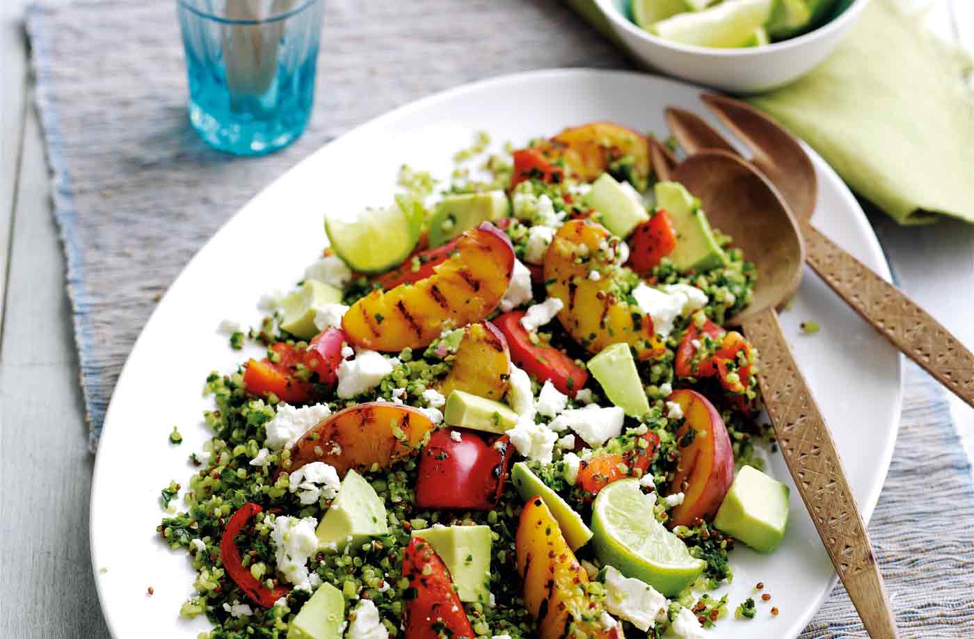 Summer salad with feta, peach and avocado
