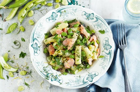 Image of "Broad bean pasta with smoked rainbow trout and dill"
