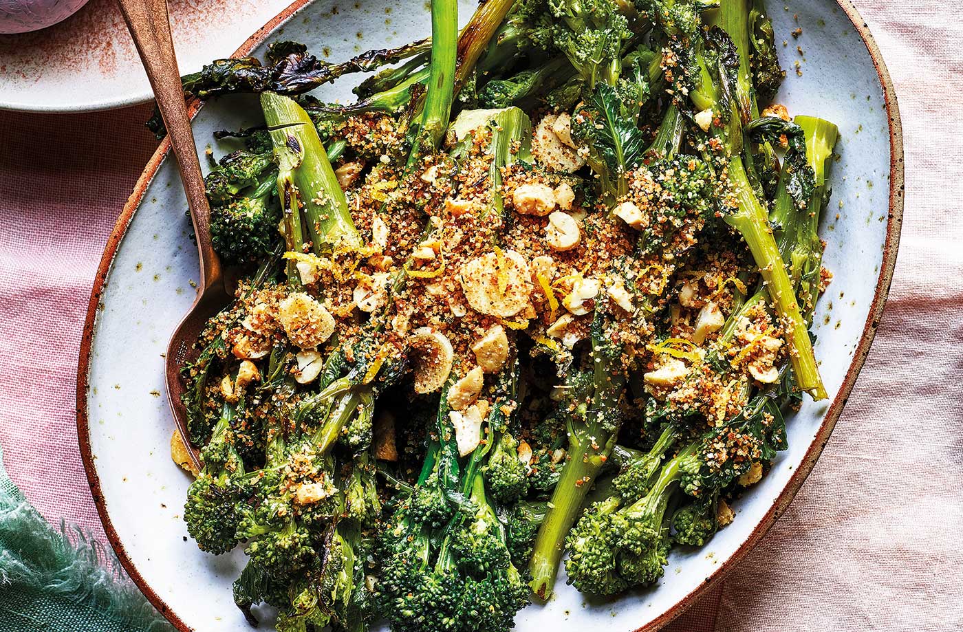 Purple sprouting broccoli with cashew crumbs