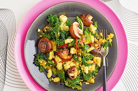 Image of "Tofu scramble with kale and roasted mushrooms"
