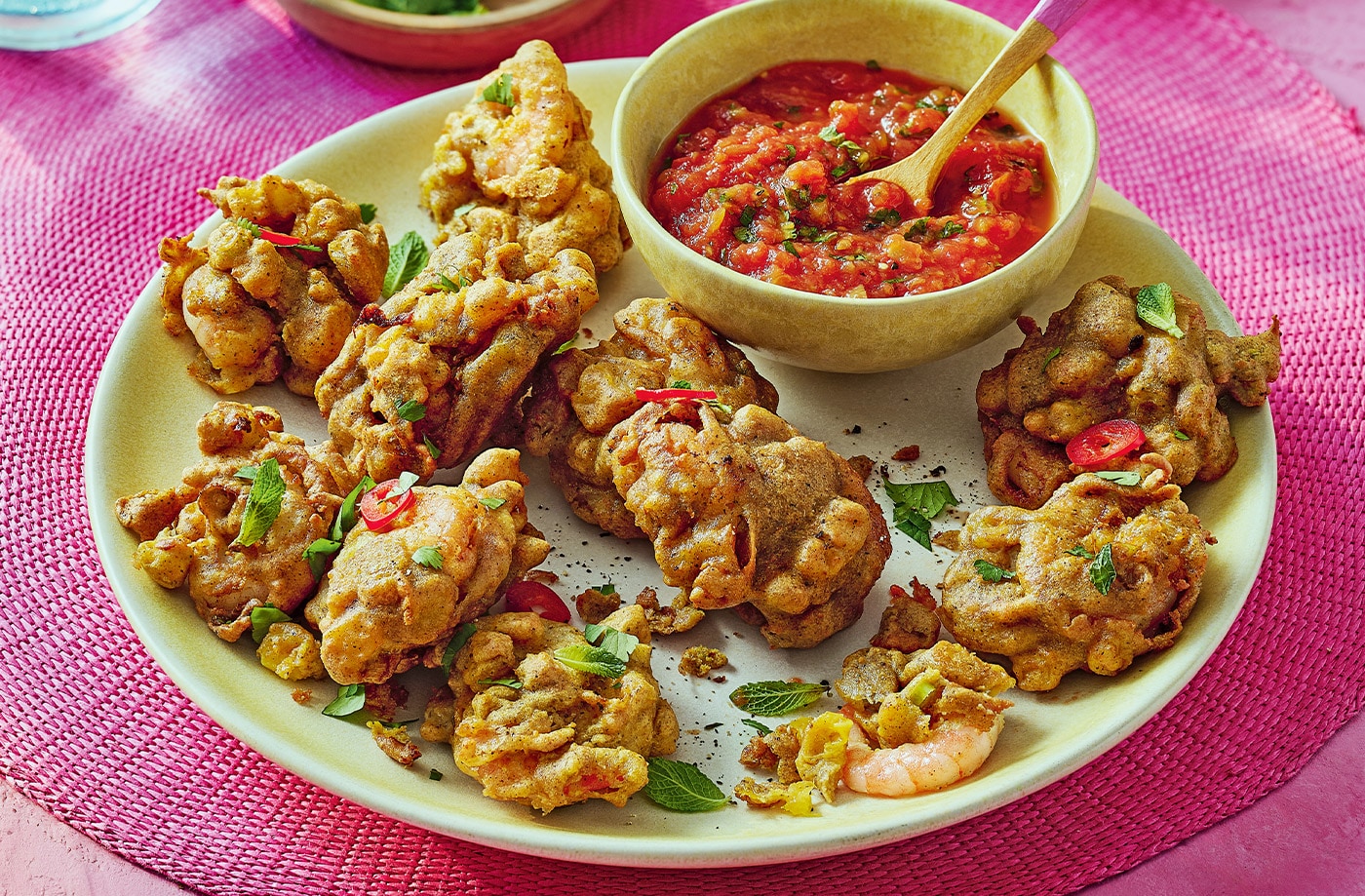 Omar Foster's prawn and mango pakoras