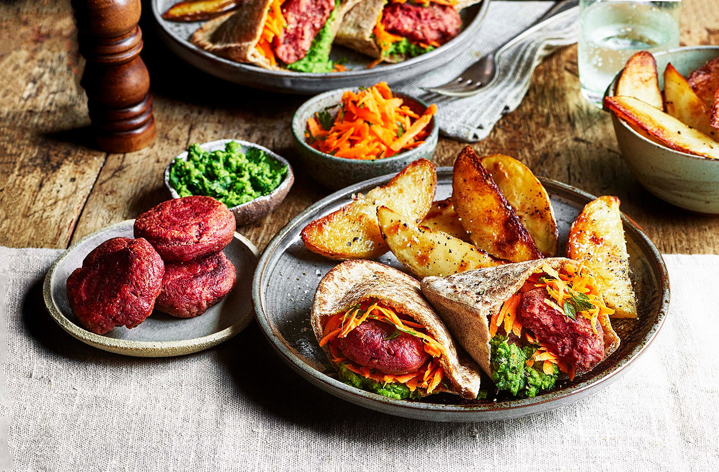 Beetroot falafel pitta with carrot slaw