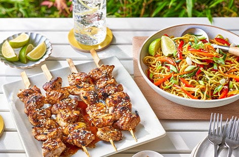 Image of "Sticky chicken skewers with noodle salad"