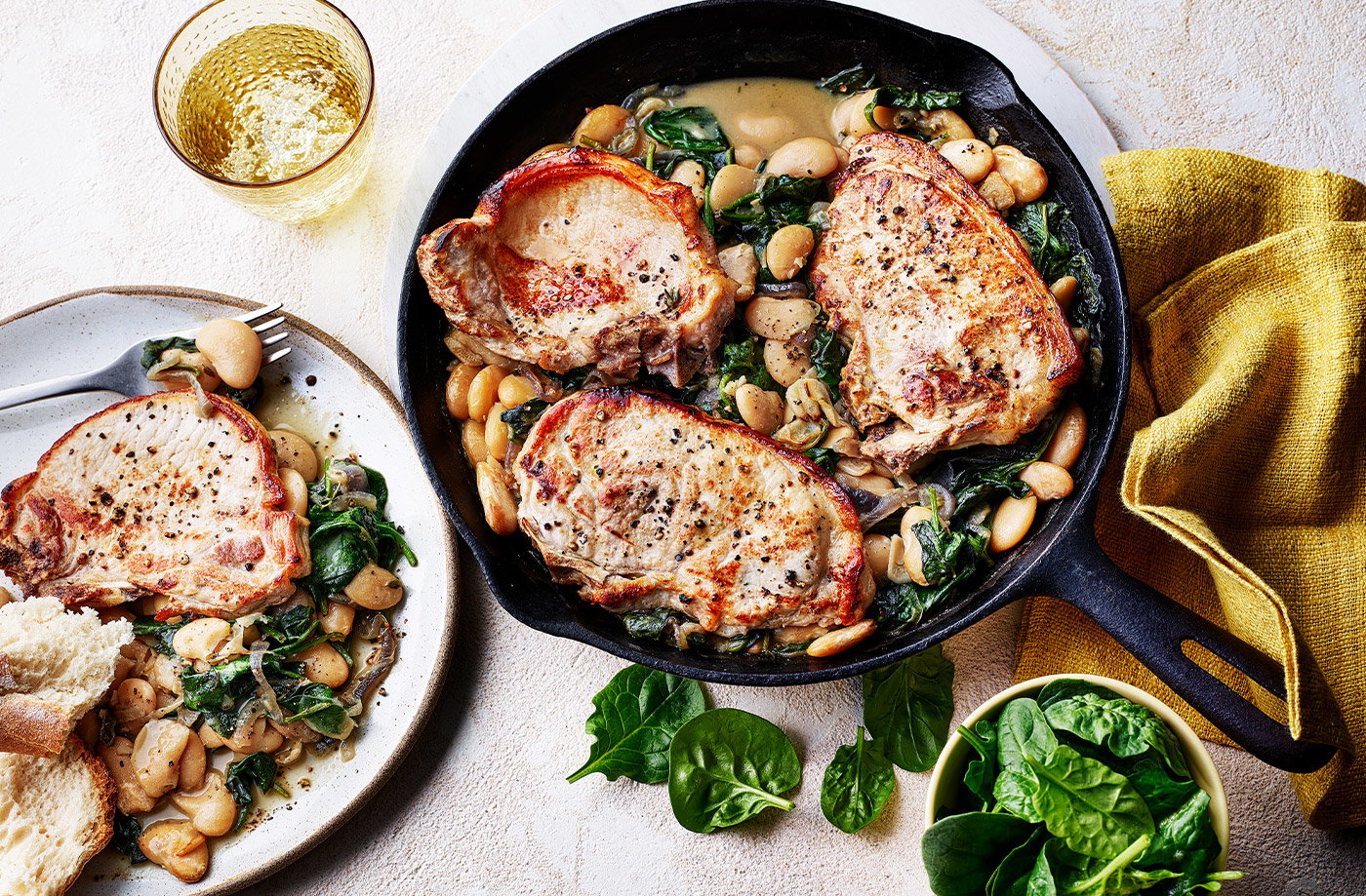 Pork, spinach and butter bean traybake
