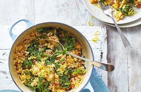 Image of "Baked chorizo and spring greens risotto"