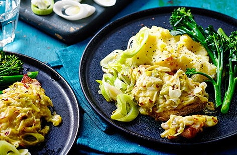 Image of "Leek rarebit pork steaks"