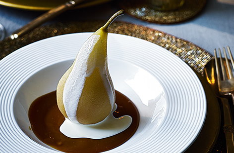 Image of "Vanilla poached pears with salted caramel sauce"