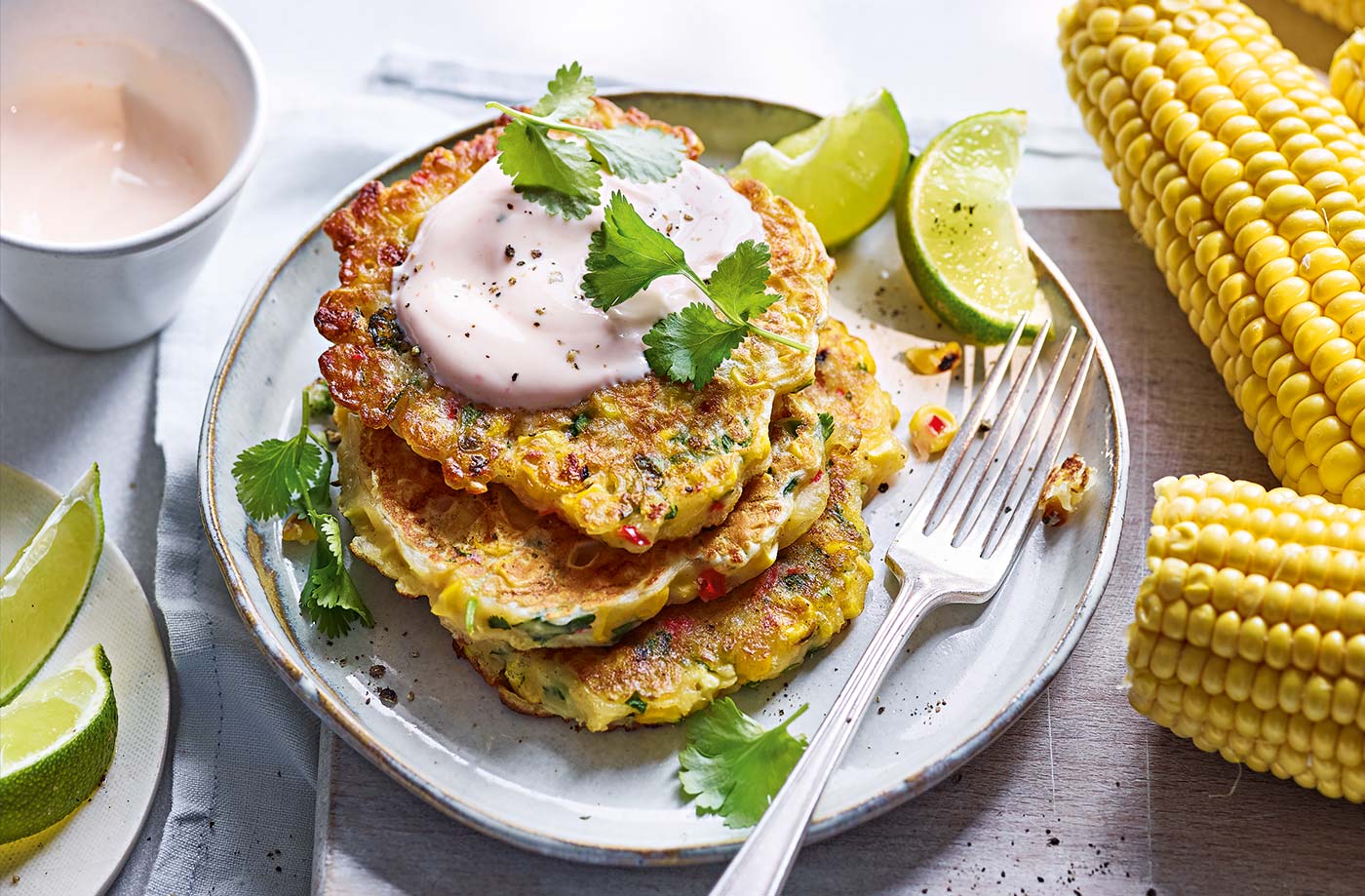 Charred corn and halloumi pancakes