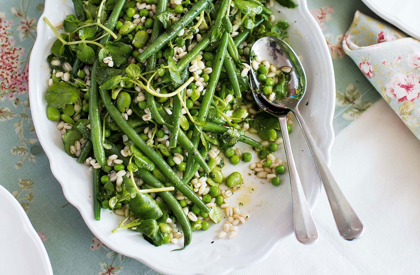 Peas, green beans and broad beans with barley and watercress