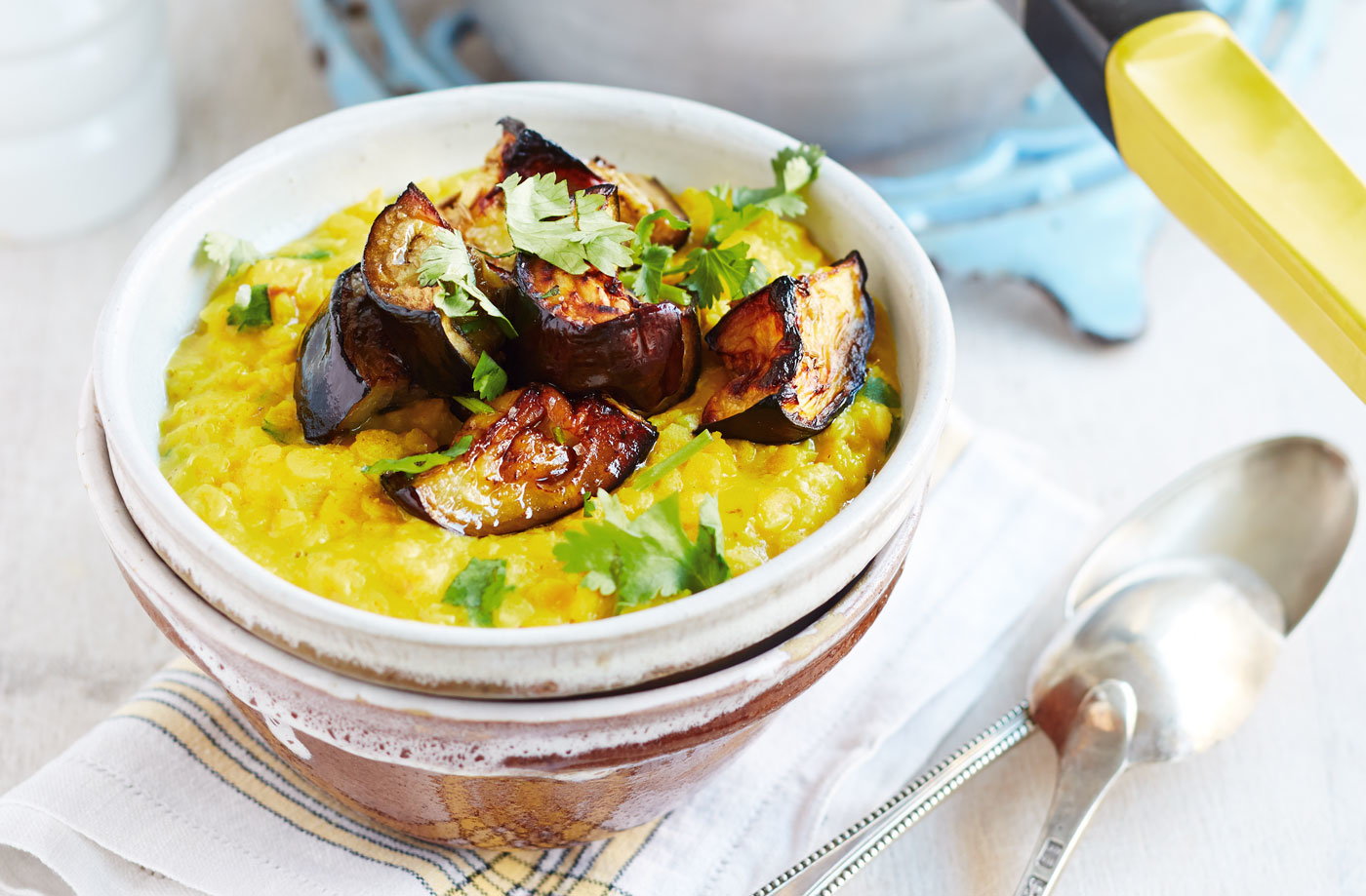 Coconut dhal with roasted aubergines