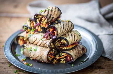 Image of "Alfred Prasad's grilled aubergine rolls"